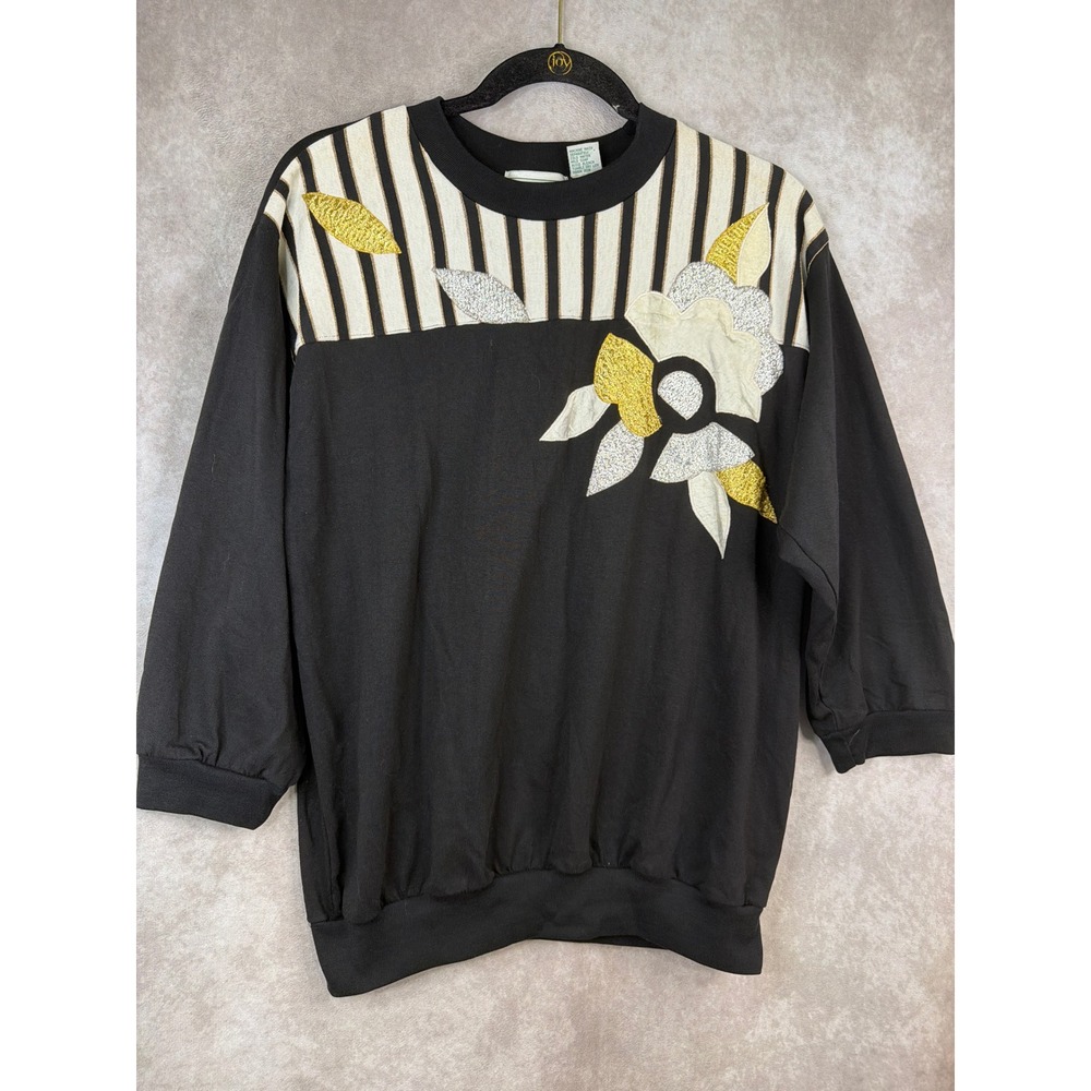 VTG 80s Shenanigans Sweatshirt Women Medium Black Floral Metallic Striped Retro